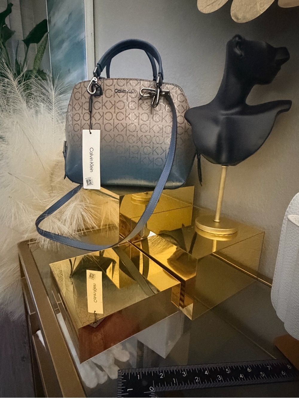 Calvin Klein Blue Ombré Monogram Satchel Crossbody Bag NWT w/ Dust Bag - Picture 13 of 14